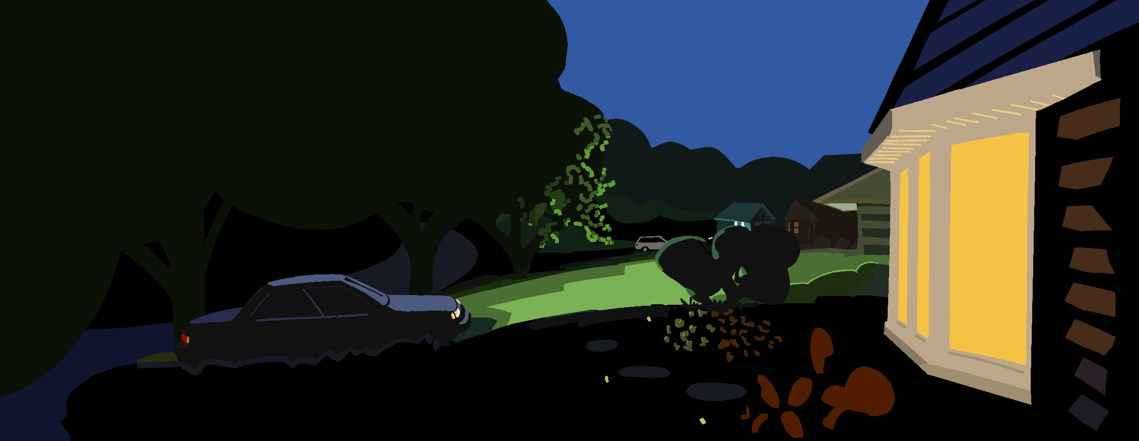 Digital illustration of a driveway at night